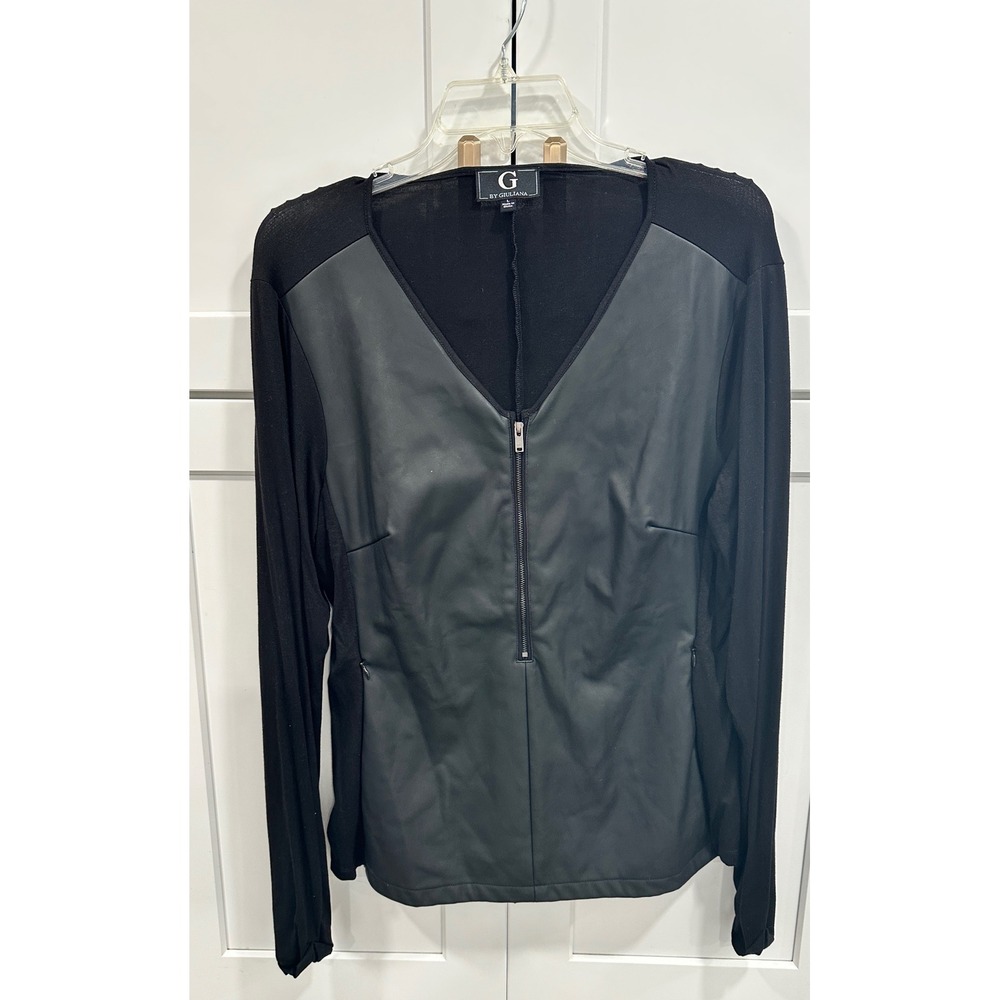 G by Giuliana Black Faux Leather Panel V Neck Long Sleeve Top Women's‎ Size L